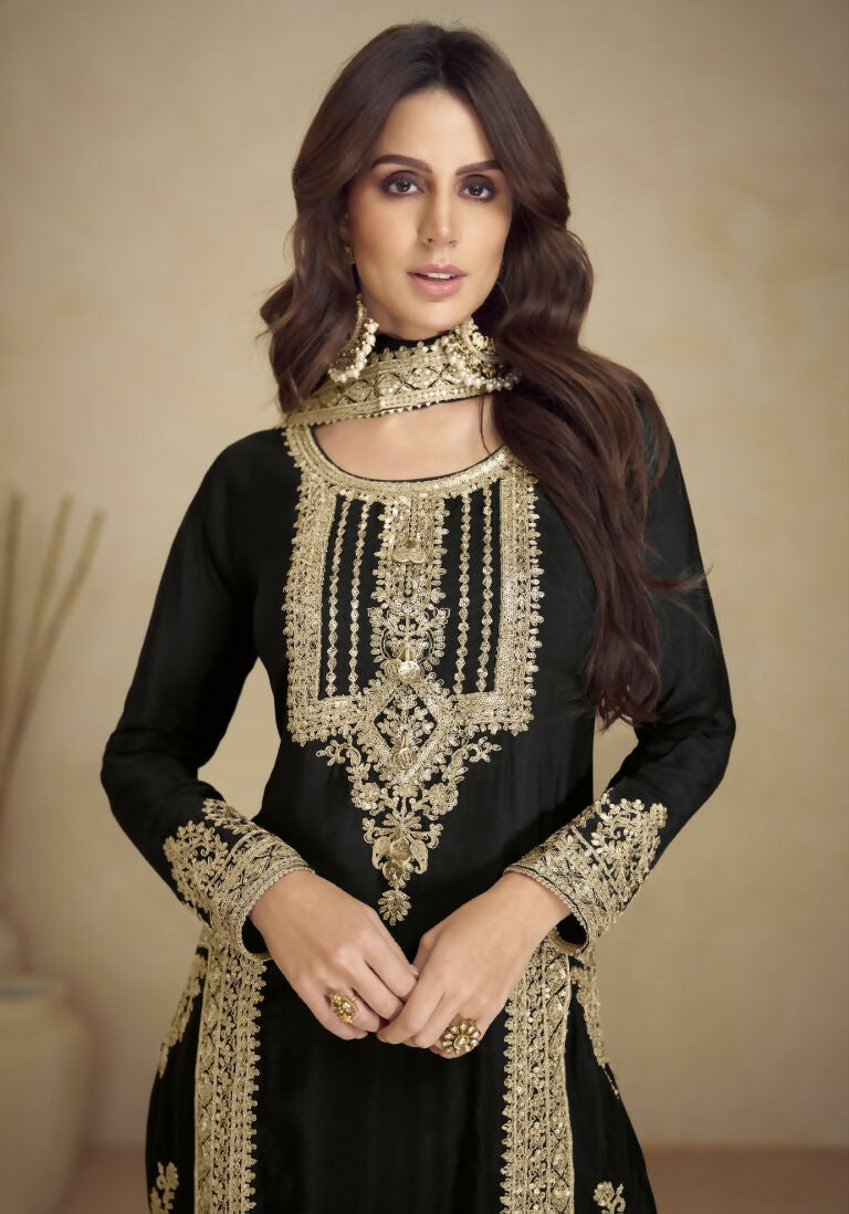 Vastranavya Gorgeous Black Faux Georgette with Embroidery 3mm Sequence & Coding Work Pakistani Straight Pant Suit