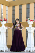 Jyoti Fashion Women's Wine Sequins Thread Embroidery Faux Blooming Anarkali Dress