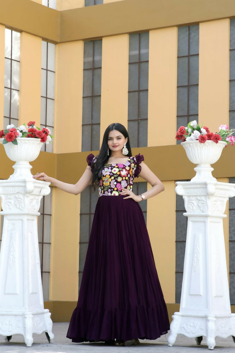 Jyoti Fashion Women's Wine Sequins Thread Embroidery Faux Blooming Anarkali Dress