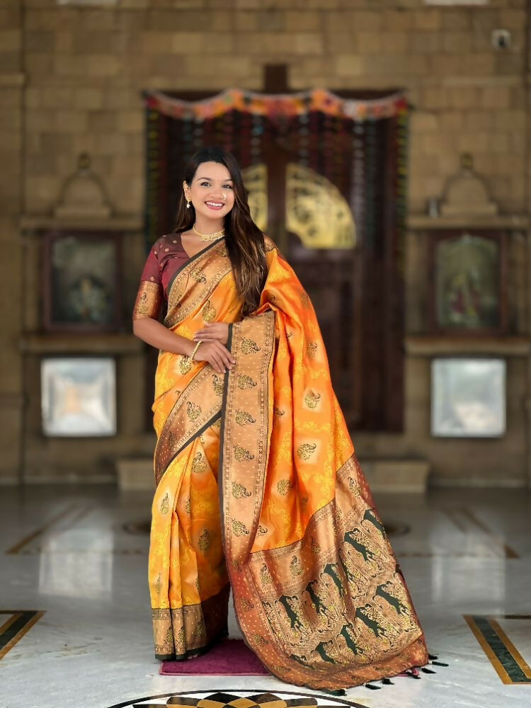 PR Fashion Mustard Orange Soft Banarasi Silk With Zari Weaving Meenakari Design Saree