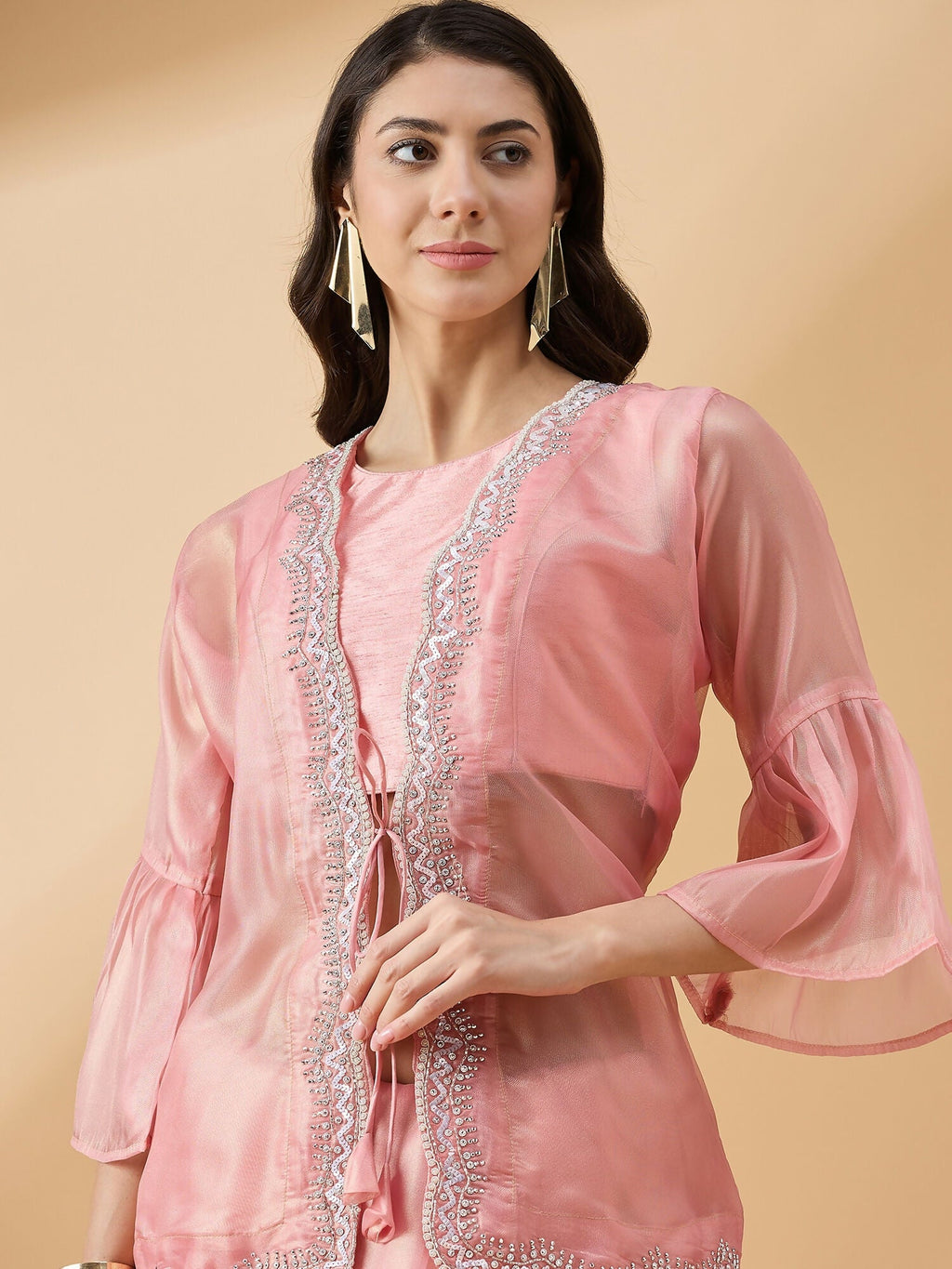Peach Chiffon Solid Saree with Stitched Blouse & Stone Work Shrug - Dharavi