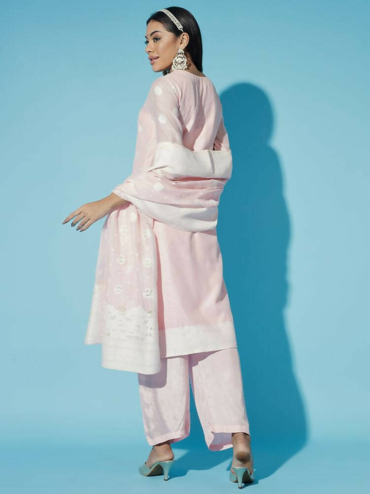 Myshka Women Pink Embroidered Kurta & Trousers With Dupatta