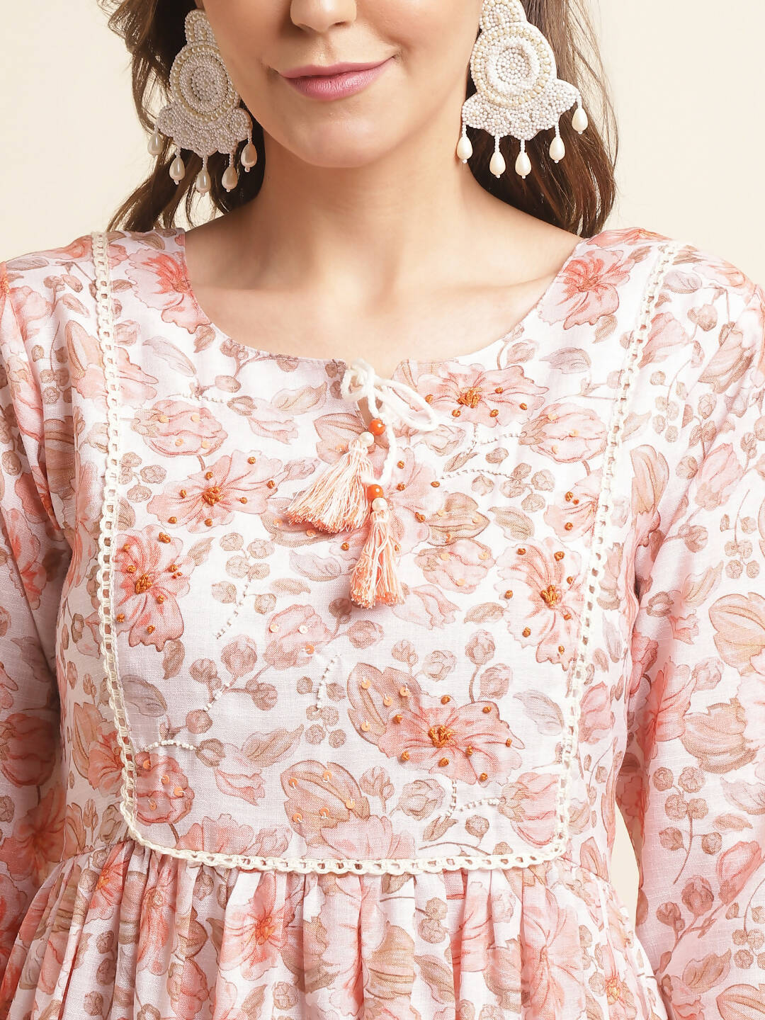 Orange Linen Floral Printed Fit & Flare Dress - Yukti
