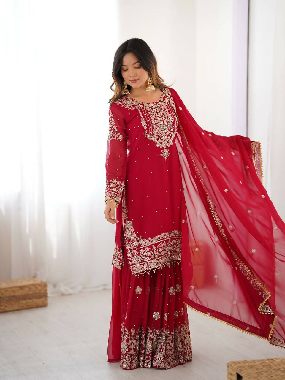 Teeya Creation Red Color Faux Georgette Embroidery Work Wedding Wear Sharara