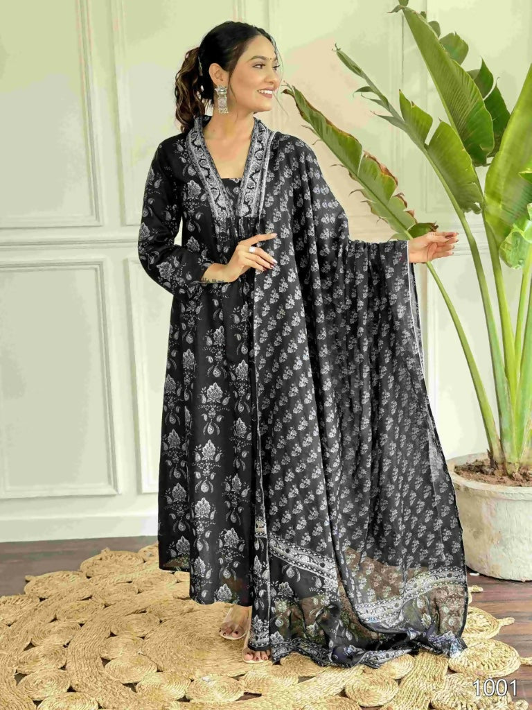 Black Pure Cotton Printed Anarkali Suit with Dupatta - Rashmika