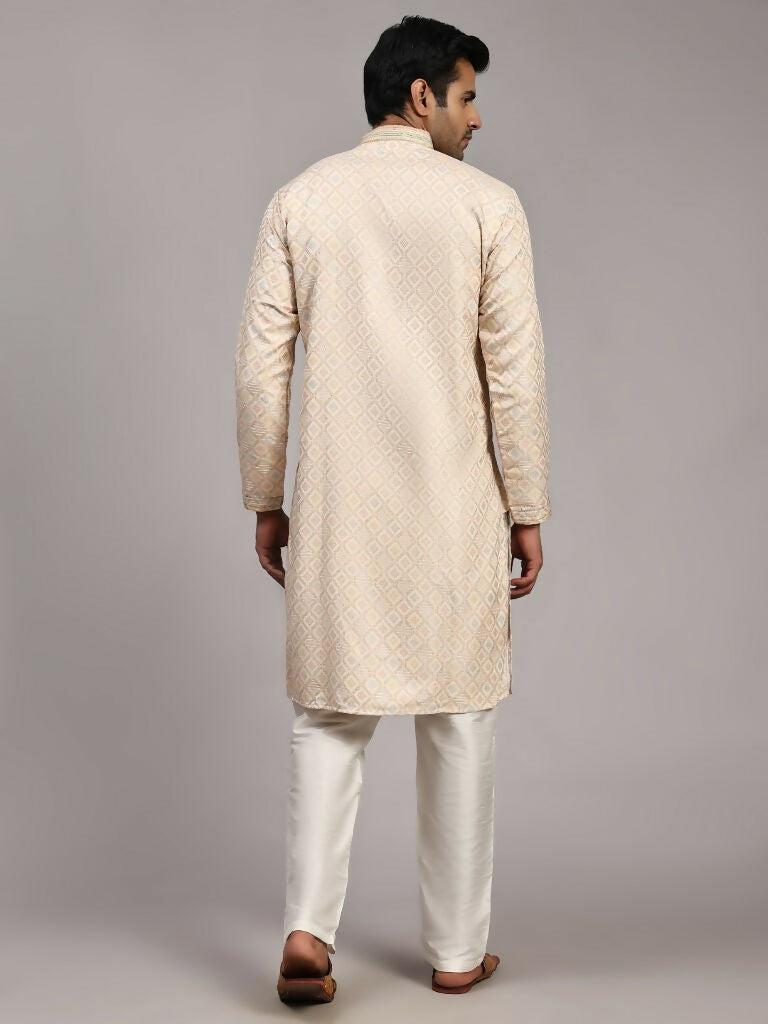 Cream Viscose Jacquard Woven Jacquard Designer Men's Rajwadi Kurta Set - Mahotsav