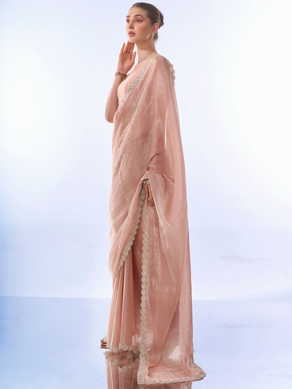 Peach Burburry Designer Work Lace Border & Swarovski Work Saree - Orchid