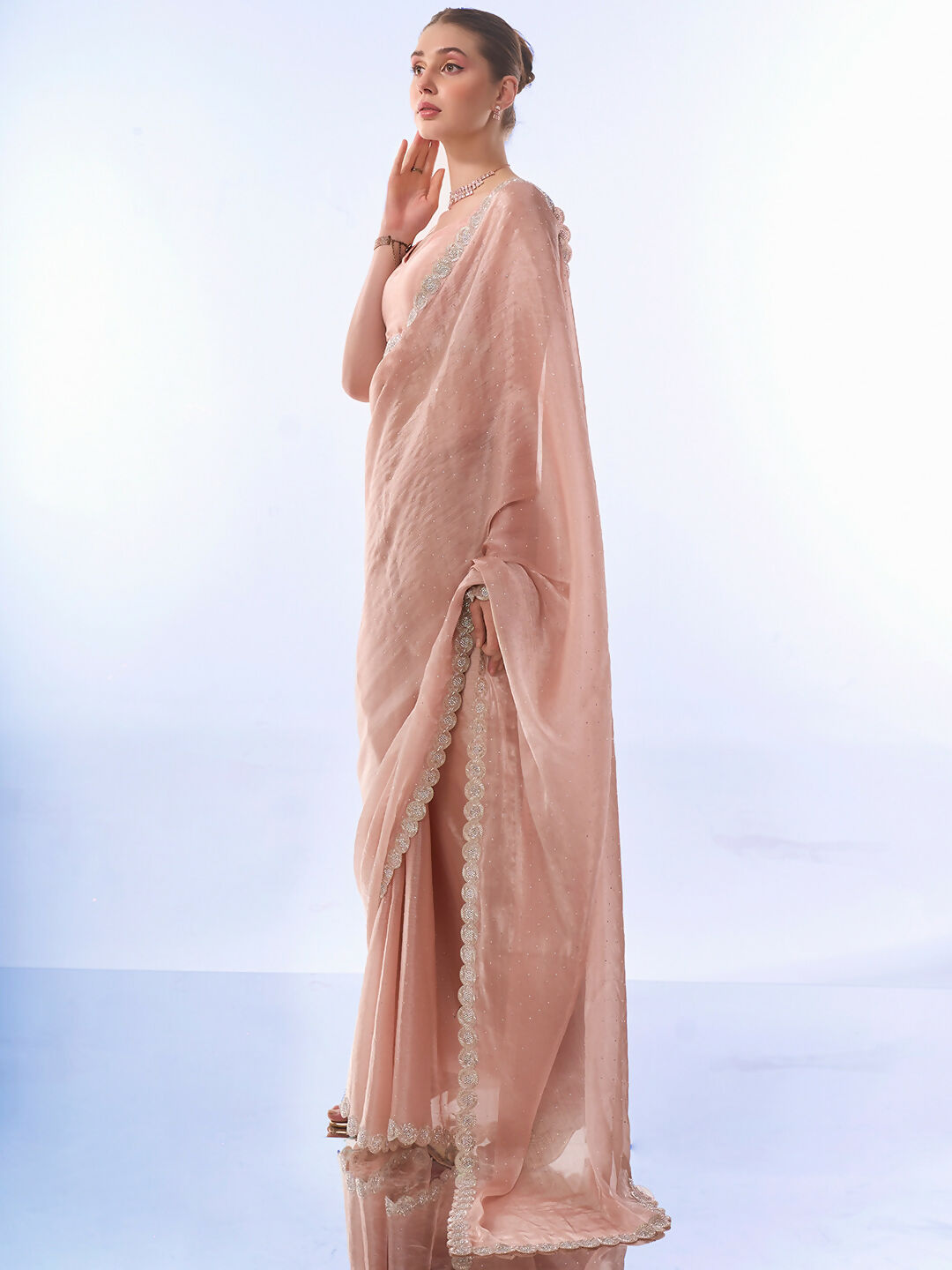 Peach Burburry Designer Work Lace Border & Swarovski Work Saree - Orchid