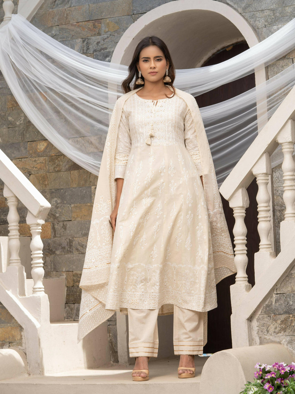 Off White Cotton Cambric Printed with Sequins work Anarkali Kurta with Pant & Dupatta - Akashara