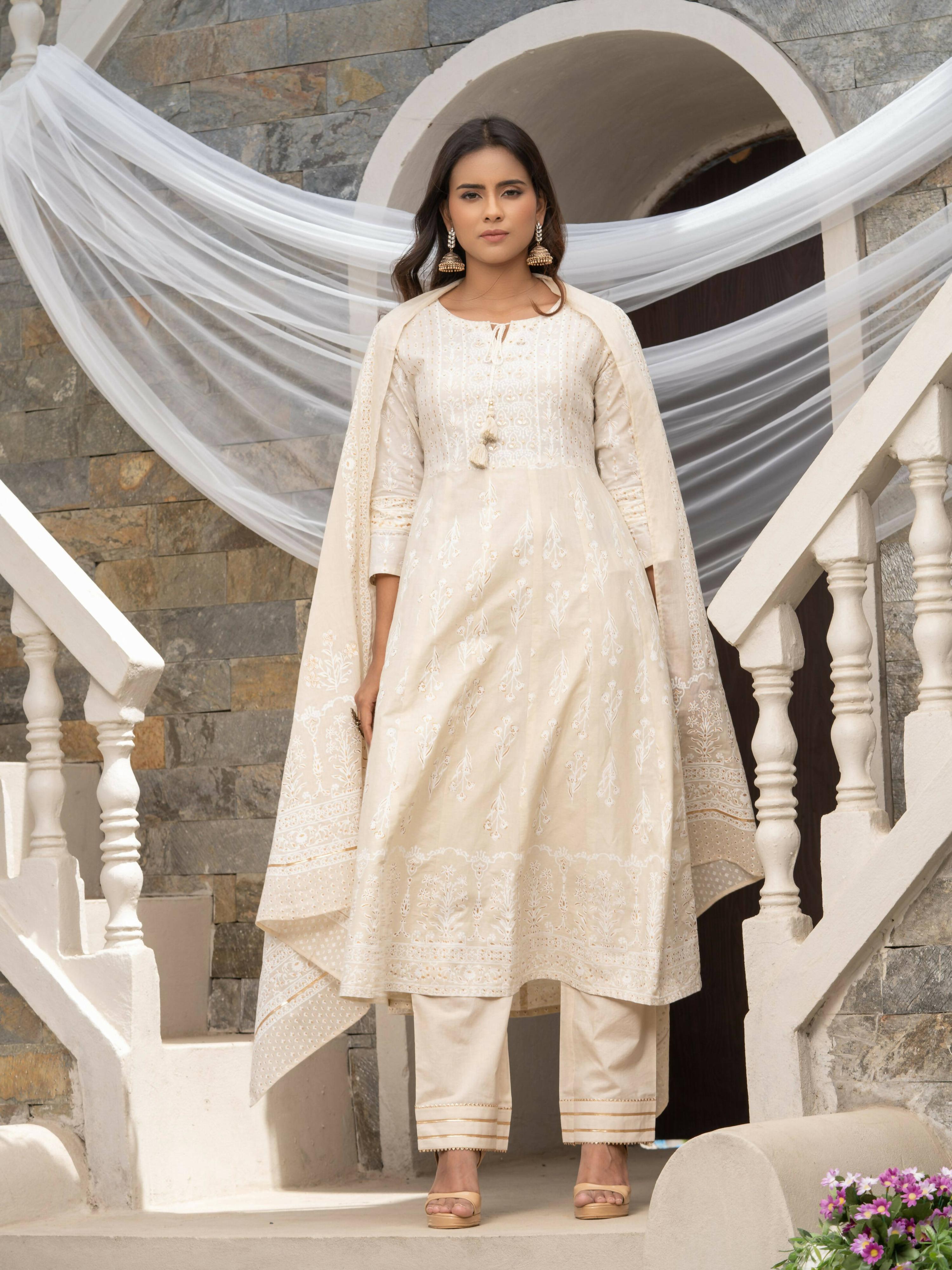Off White Cotton Cambric Printed with Sequins work Anarkali Kurta with Pant & Dupatta - Akashara