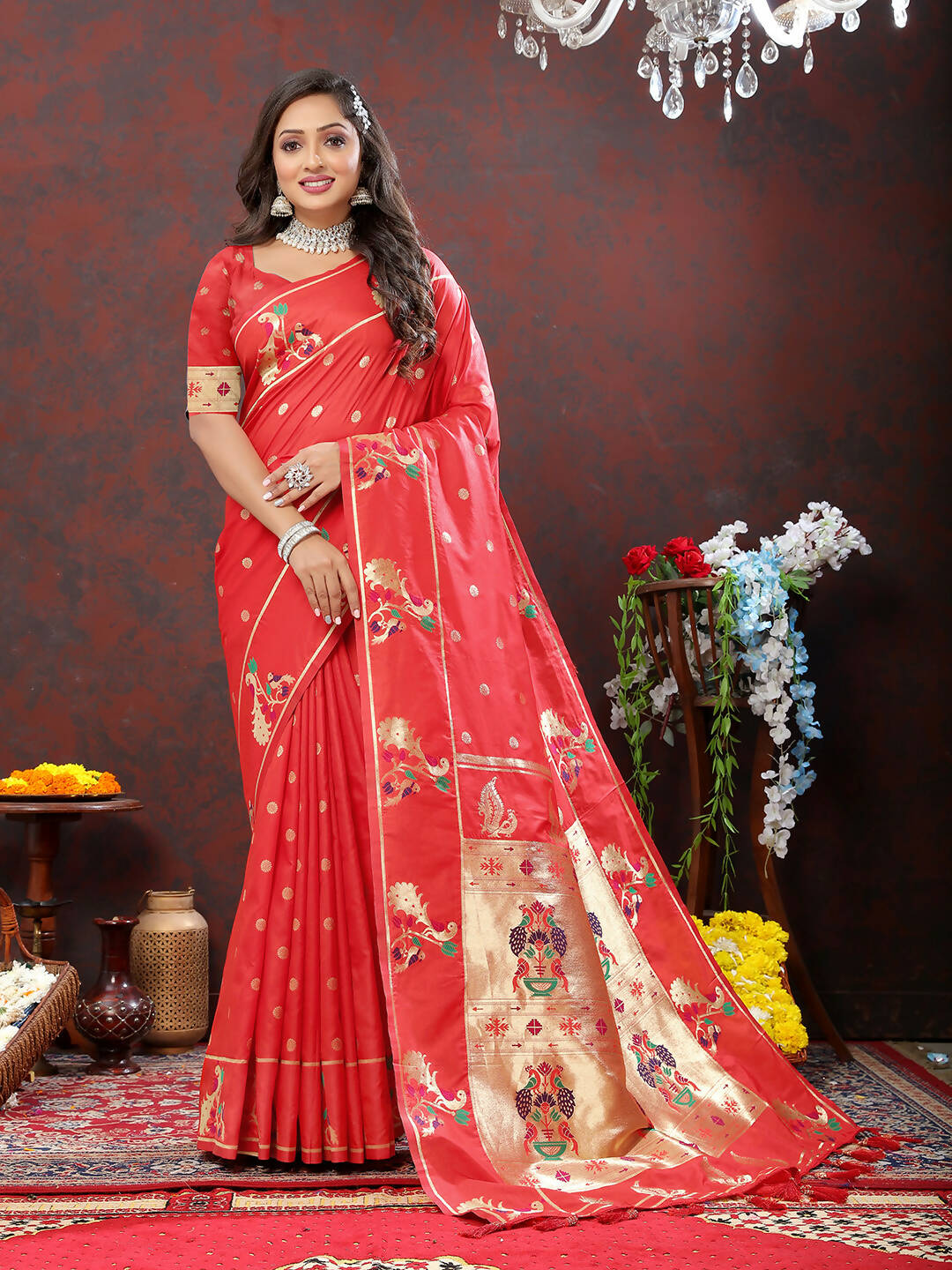 Lorenvalley Fashion Red Soft Paithani Silk Woven Design Gold Zari Meenakari Weaving Saree