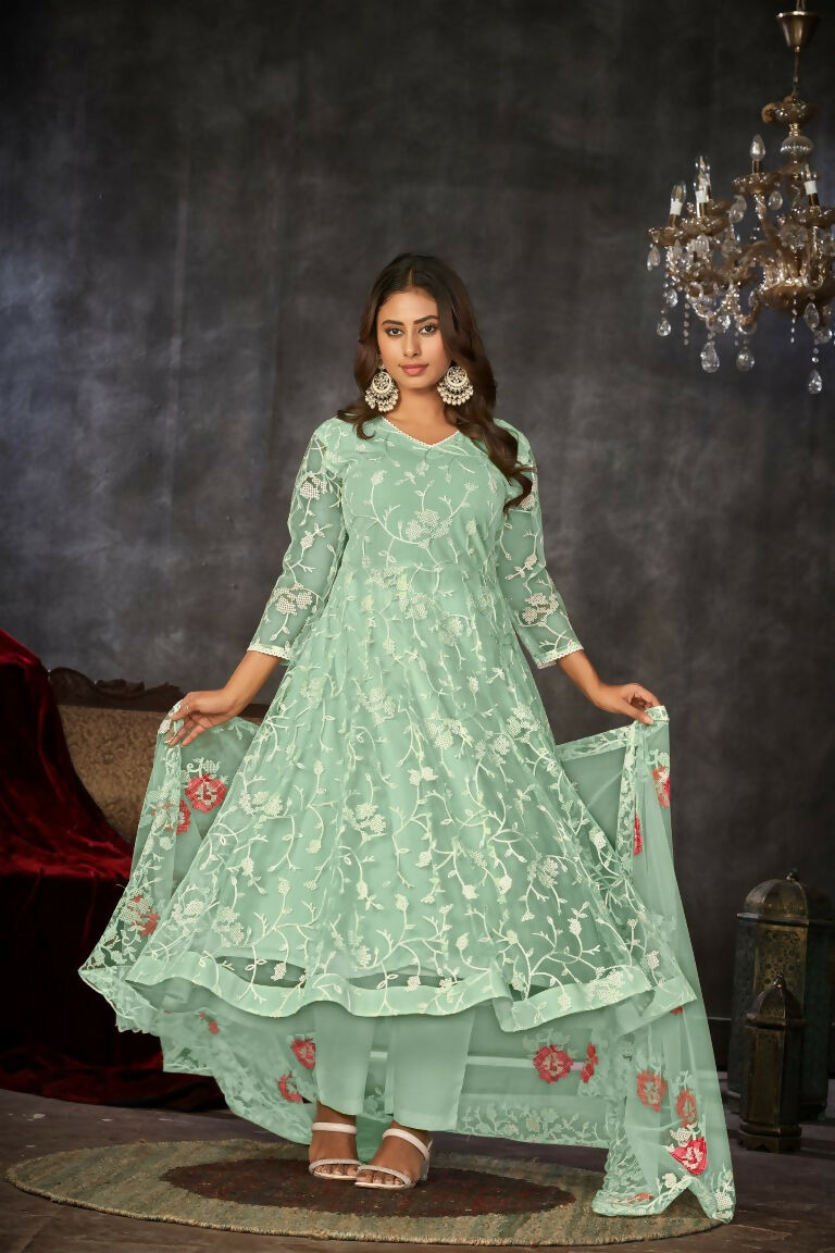 Jyoti Fashion Women's Sea Green Net Embroidered Anarkali Kurta Pant Set With Dupatta