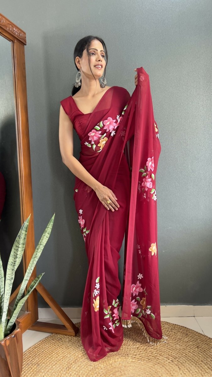 Aayaa Designer 1 min Hand Painted Ready to Wear saree - Maroon