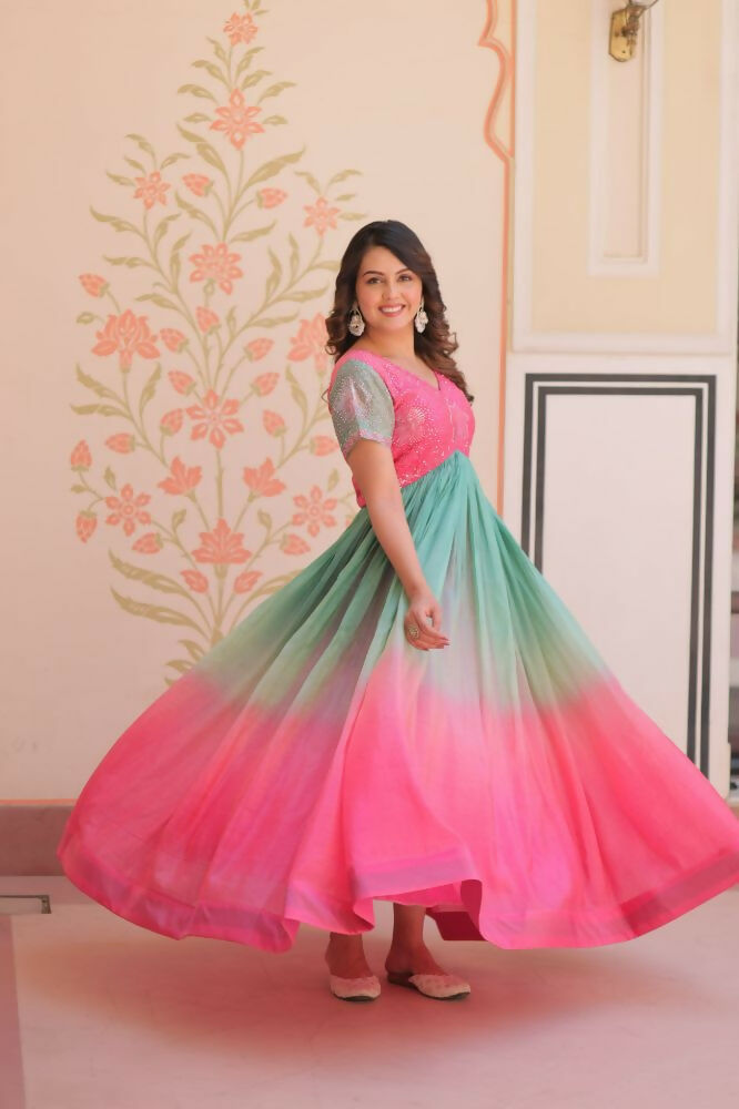 Vastranavya Pink Gold Crush Padding With Beads Embroidered Work Gown