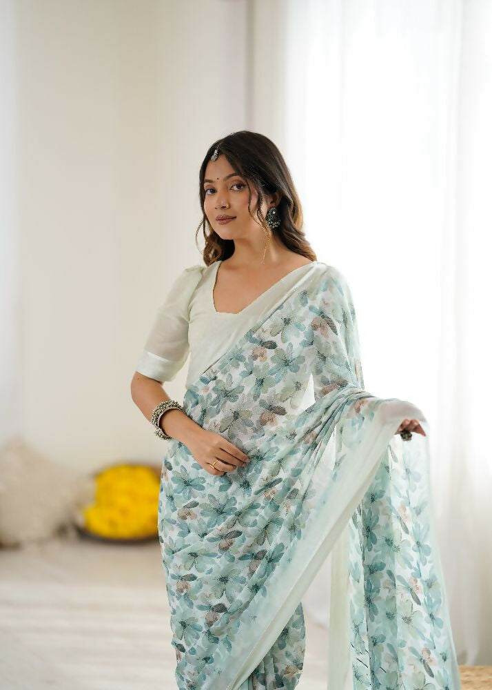 PR Fashion See_Green Bright Moss Satin Patta Printed Saree