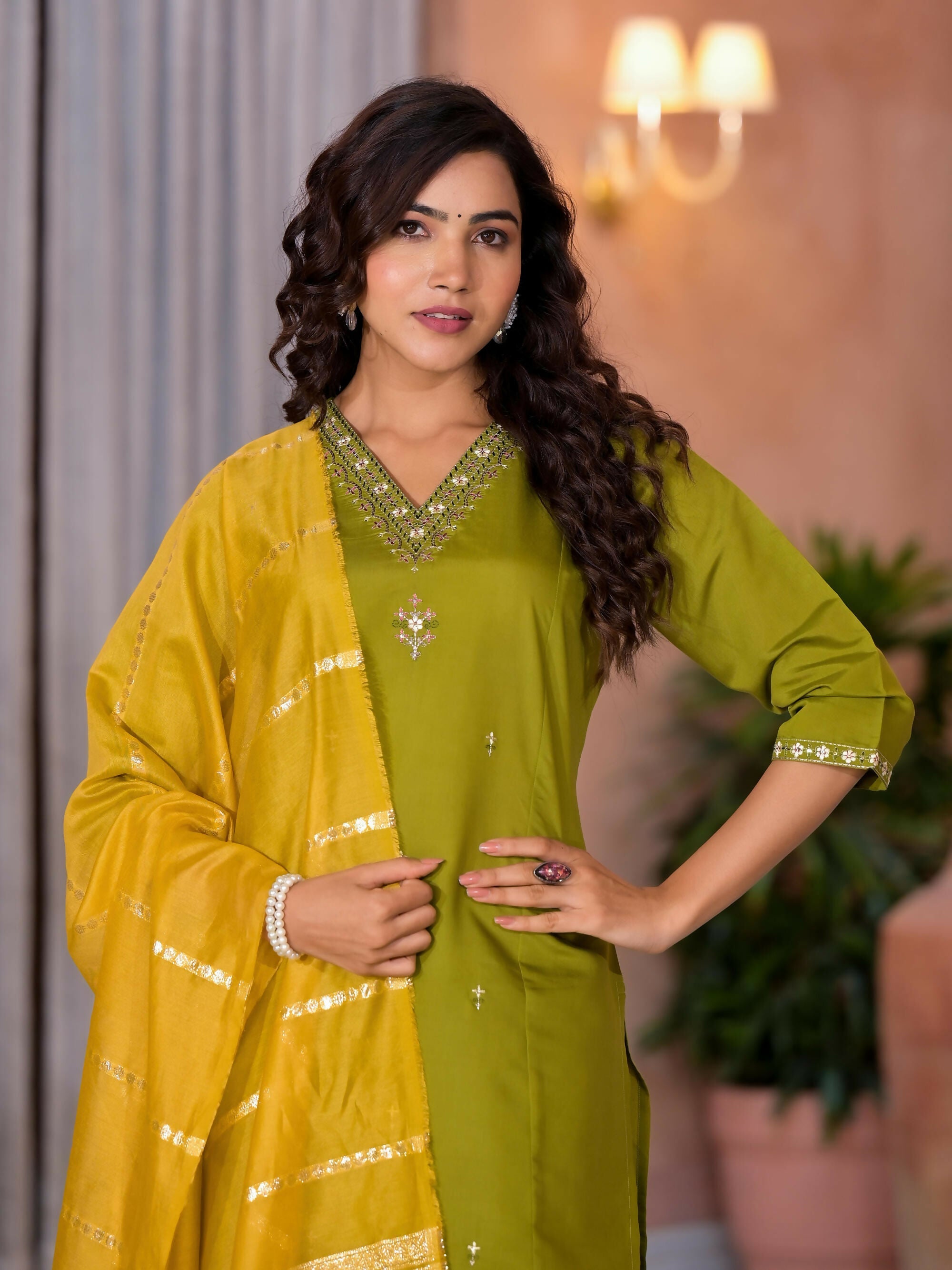 Juniper Women's Green Zari & Thread Work Embroidered Viscose Kurta Pant And Dupatta Set