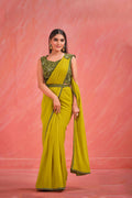 Green Georgette Thread, Jari & Kardana Handwork Saree With Stitched Blouse - Mohmanthan Elegancia