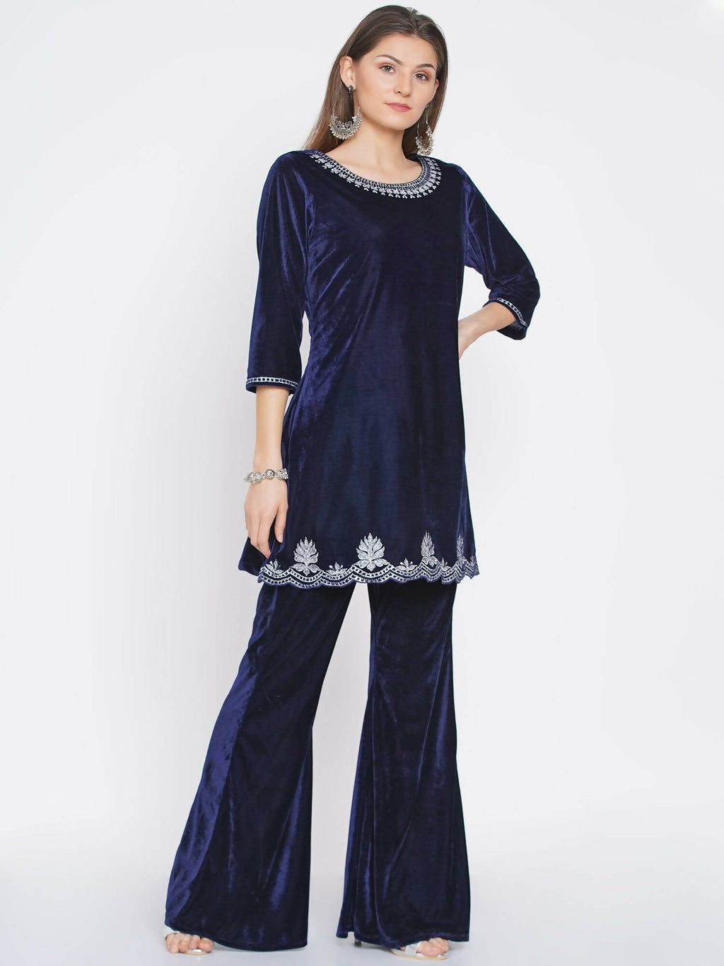 Women Republic Navy Blue Velvet Embroidered Kurta With Bellbottom Pants