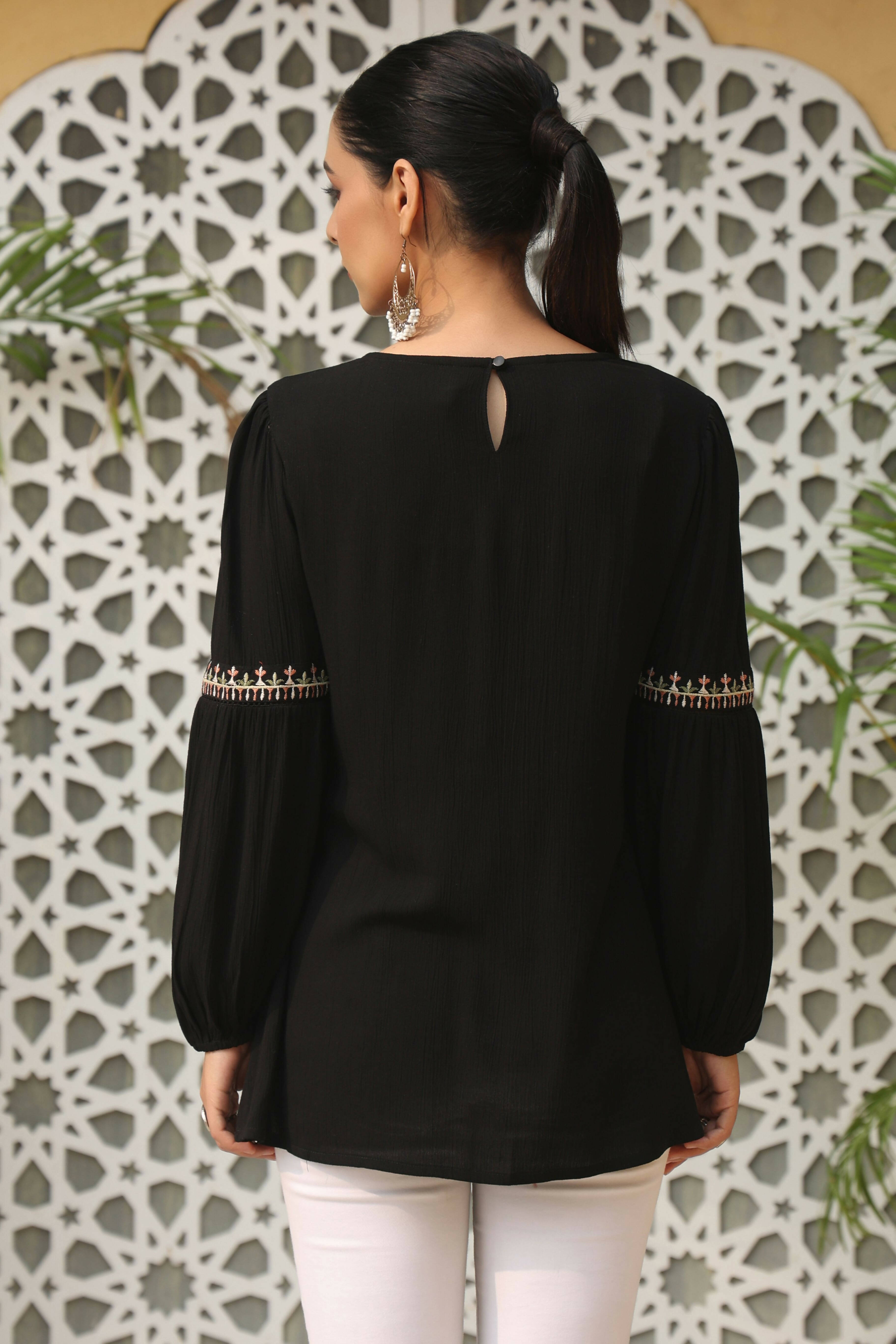 Juniper Women's Black Rayon Crepe Solid With Embroidery Straight Tunic