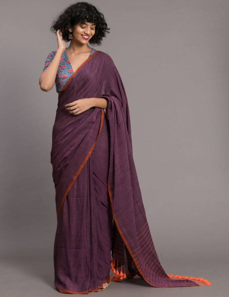 Suta Purple Orange Solid Cotton Blend Saree