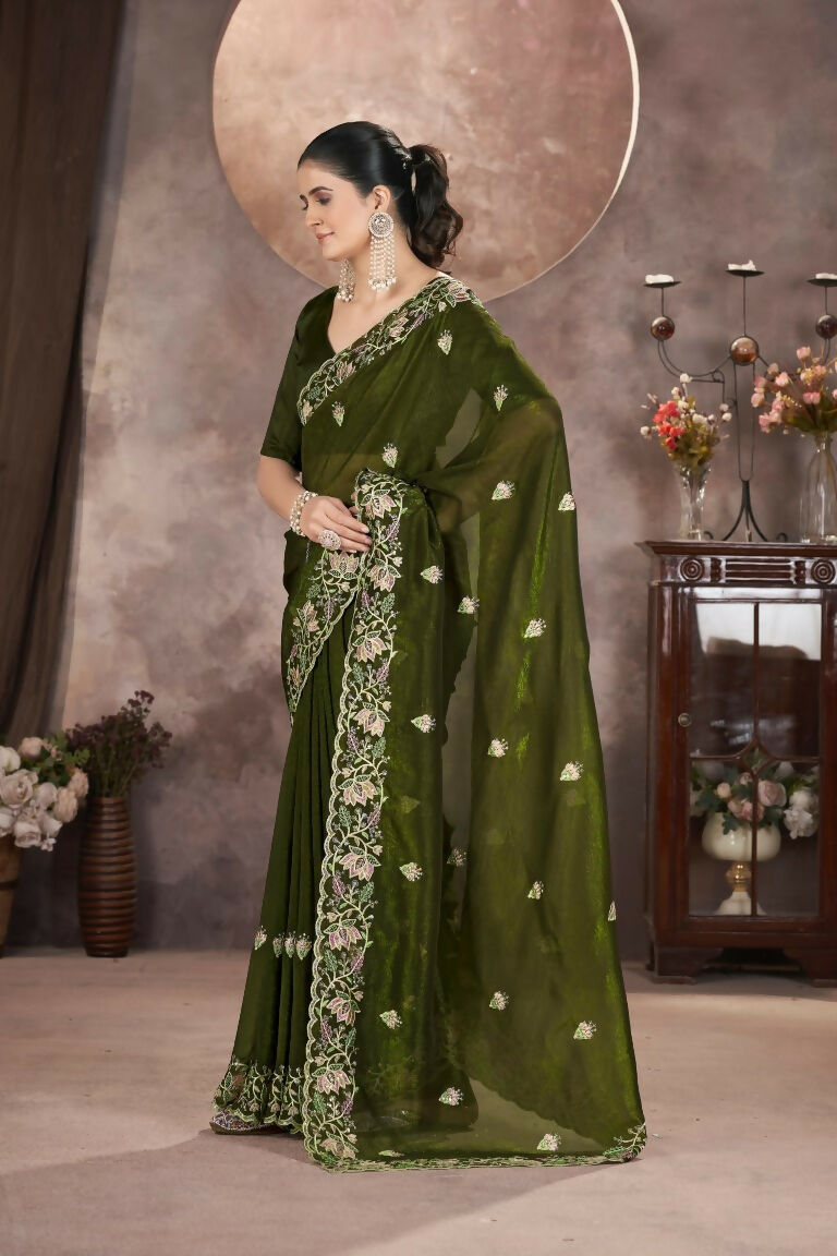 Vastranavya Gold Crunchy Multi Colour Threads Embroidery Work with Sequins Work Saree with Blouse material - Mehendi