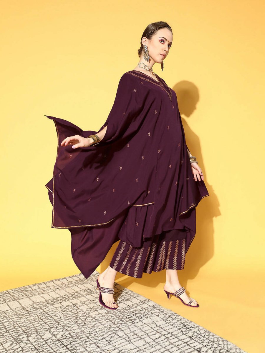 Ahalyaa Women Wine Colour Crepe Gold Glitter Print Kurta Palazzo Set