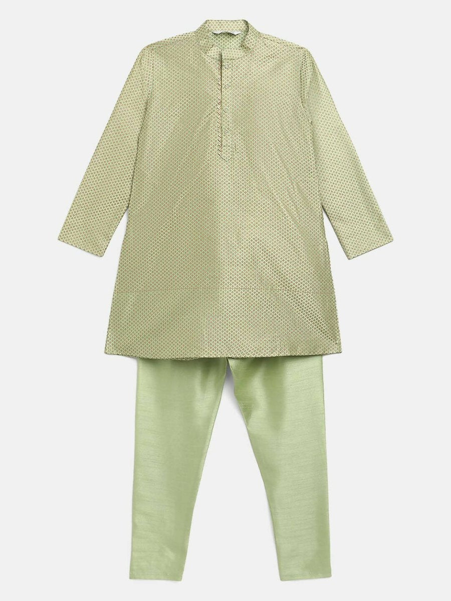 Ahalyaa Green Poly Silk Gold Print Kids Kurta Churidar Set For Boys
