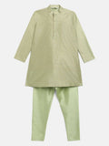 Ahalyaa Green Poly Silk Gold Print Kids Kurta Churidar Set For Boys