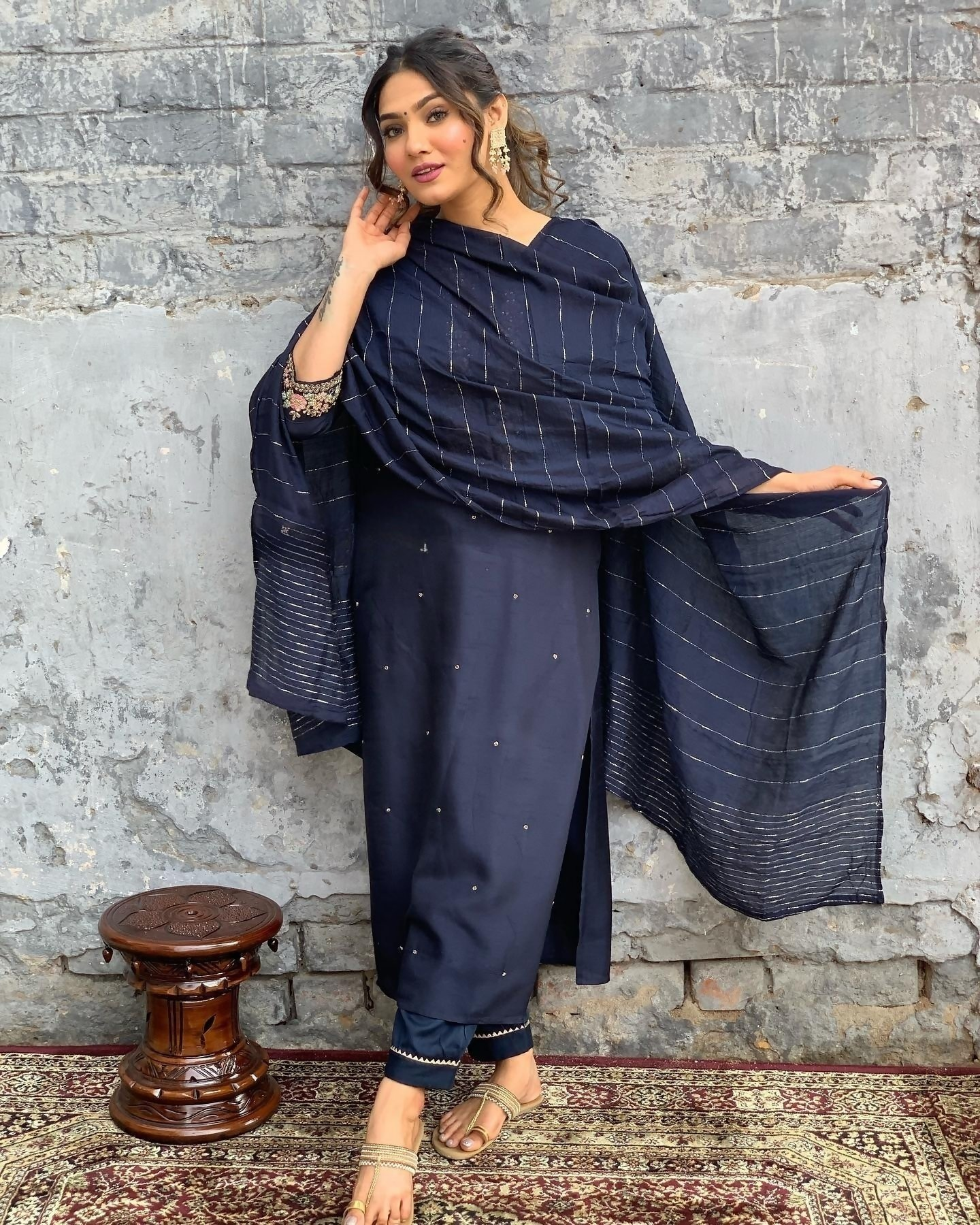 The52 Blue Women's Gorgeous Embroidered Viscose Chanderi Fabric Straight Kurta Pant with Dupatta Set