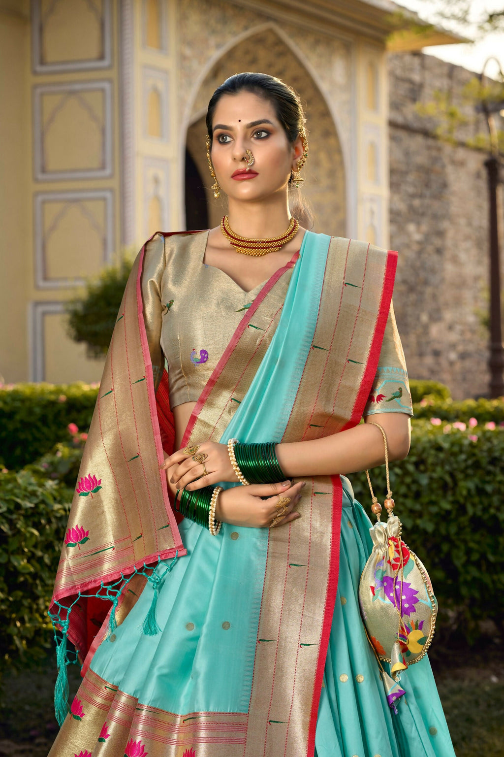 Vastranavya Traditional Jacquard Silk Paithani Lehenga Choli - Sky Blue
