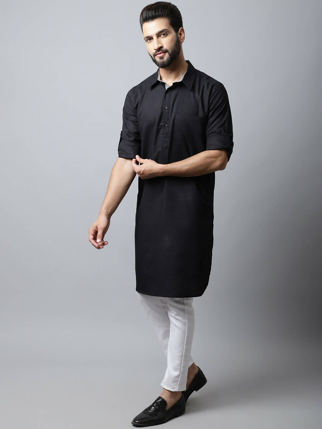 Even Apparels Black Color Linen Solid Men's Kurta With Shirt Collar (LN761)