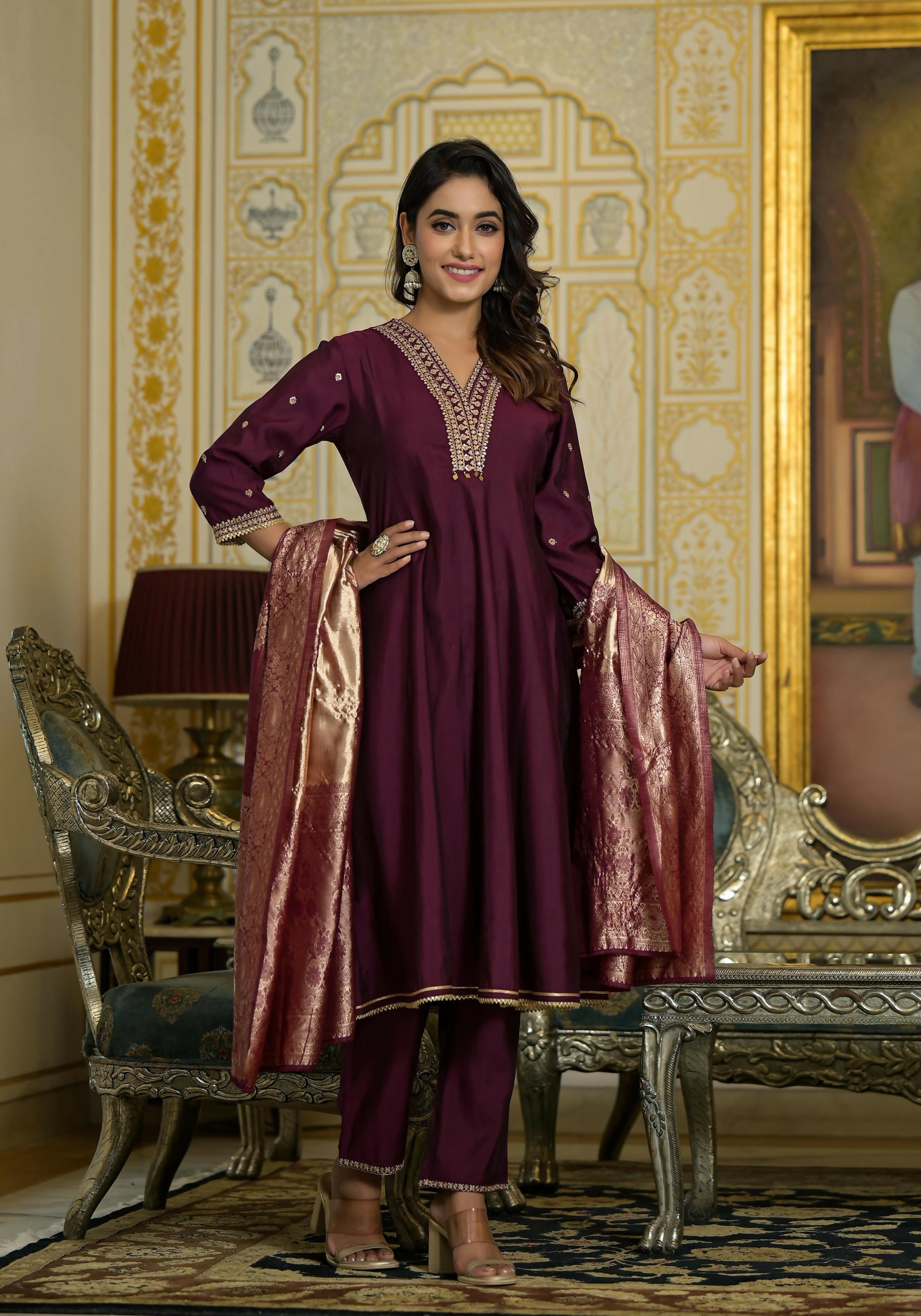 Juniper Women's Wine Zari Embroidered Viscose Kurta Pant And Dupatta Set With Sequins & Lace