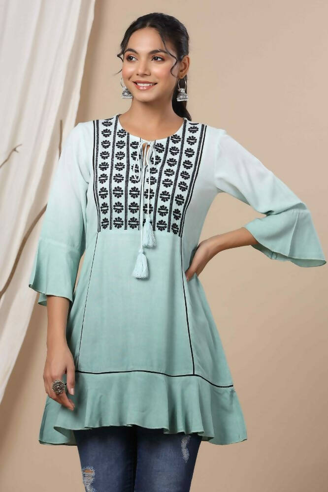 Juniper Sage Green Rayon Festive Embroidered Tiered Tunic For Women