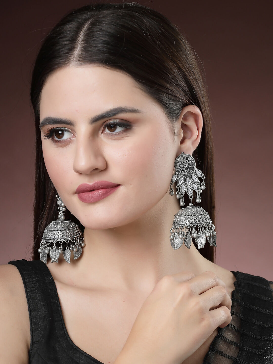 NVR Women's Silver-Plated Oxidised Artificial Stones Dome Shaped Jhumka Earrings