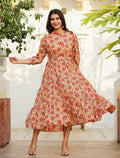 Kaajh Women's Yellow-Red Floral Hand Block Print Cotton Dress