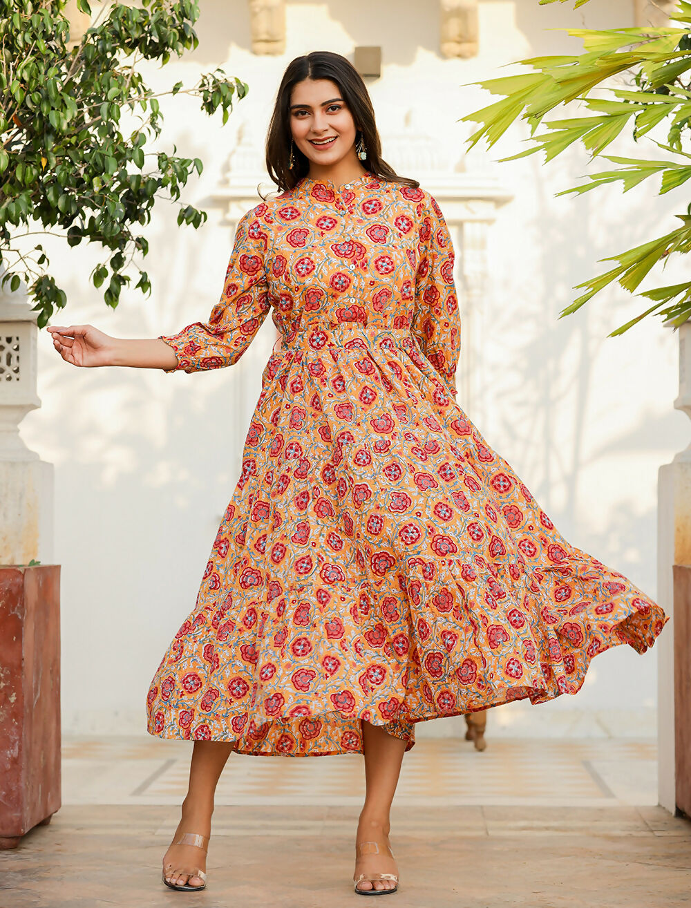 Kaajh Women's Yellow-Red Floral Hand Block Print Cotton Dress