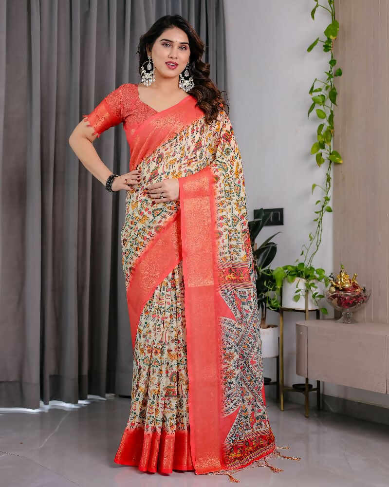 PR Fashion Cream Pure Handloom Linen Saree