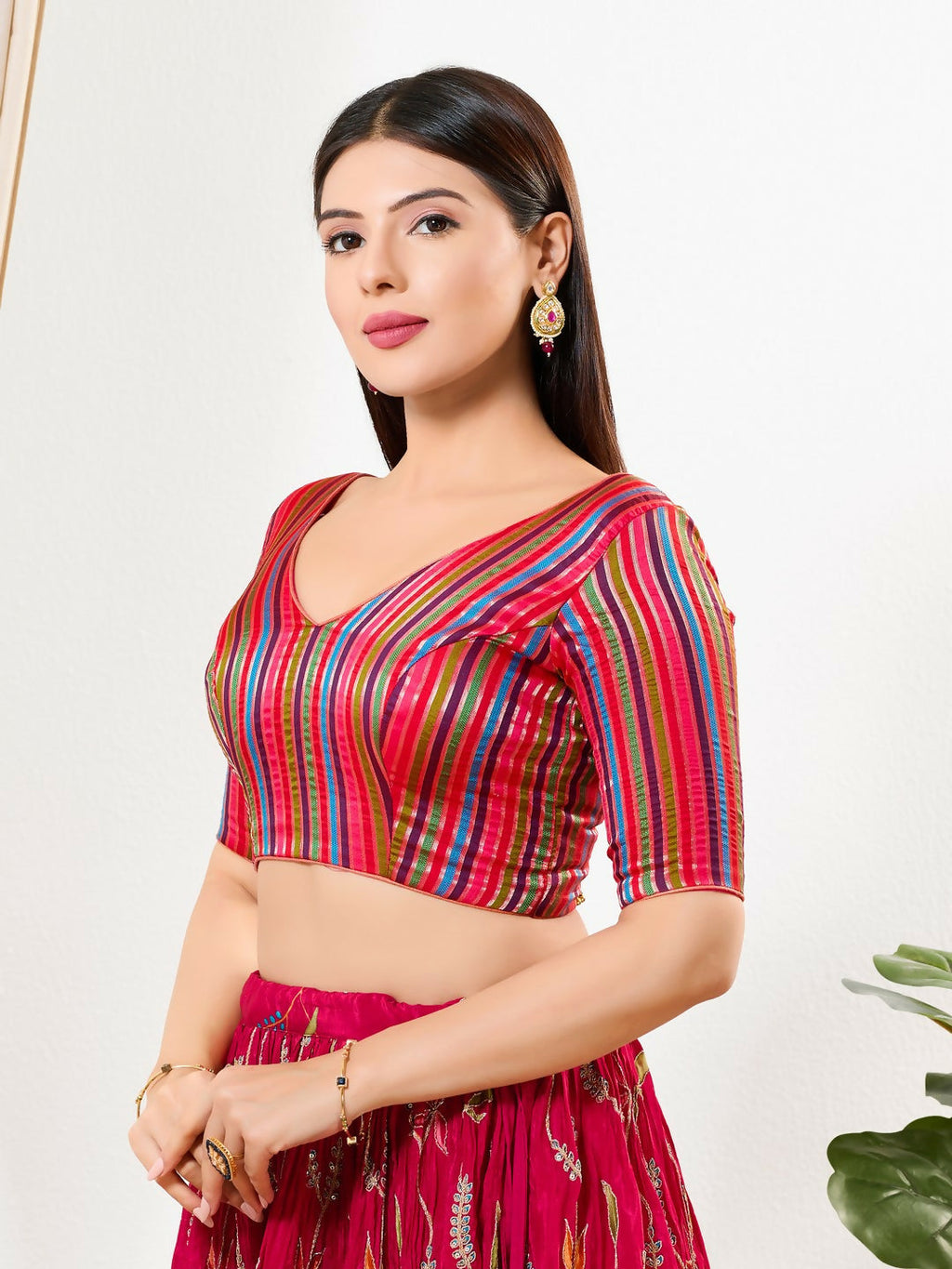 Joban Fashion Pink Multi Brocade Padded Blouse With V Neck Elbow Sleeves