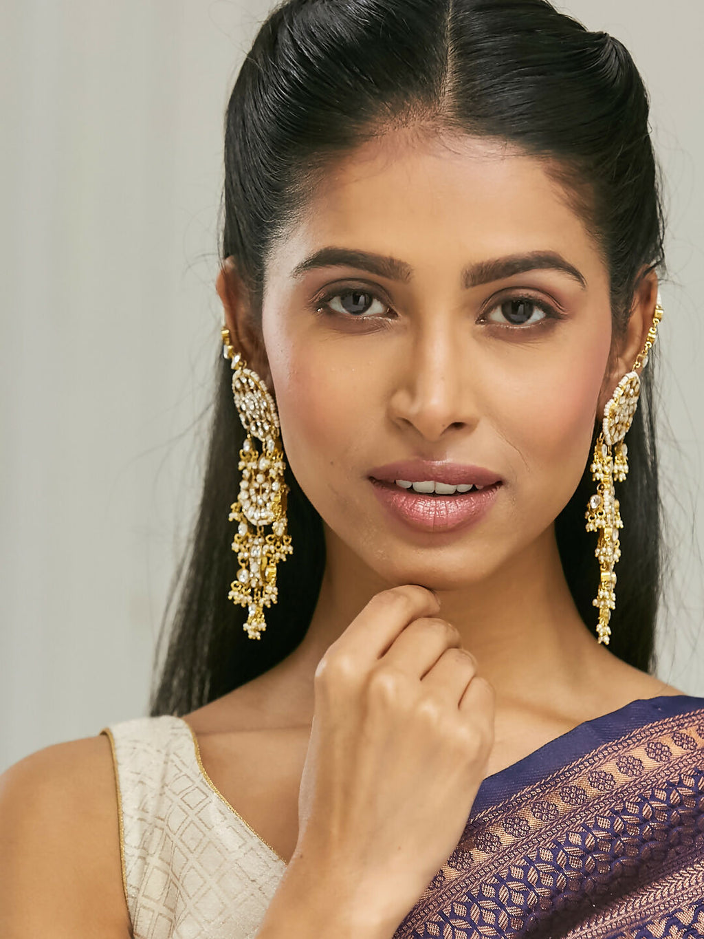 Nuyug 22 K Gold-Plated Elegant Kundan Studded & Pearl Beaded Crescent Shaped Kanauti Earrings