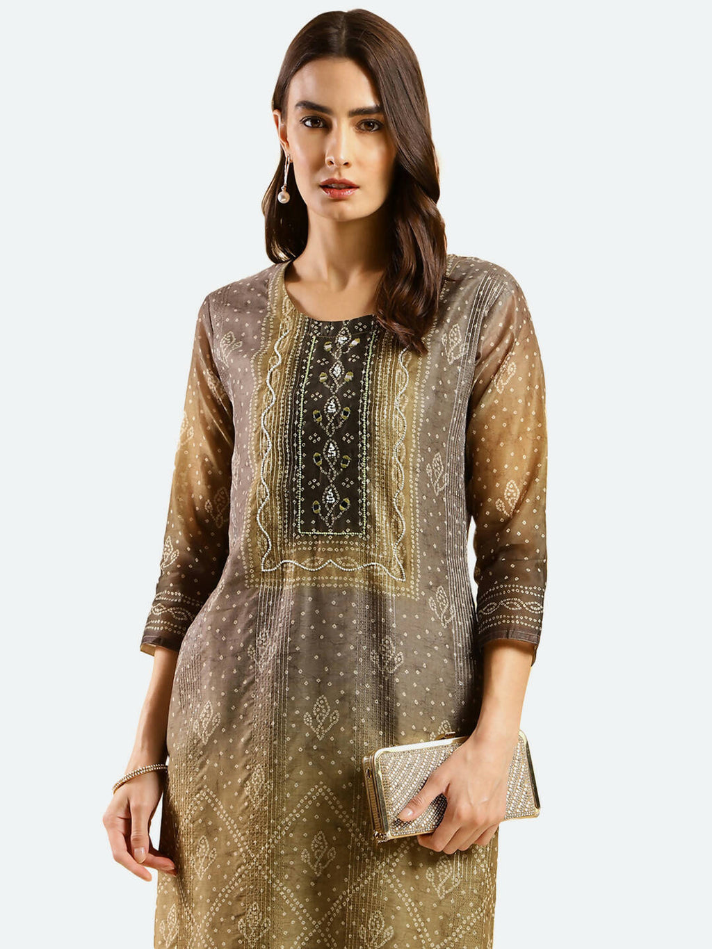 Brown Chinon Digital Printed With Hand Work Kurta - Himanshi