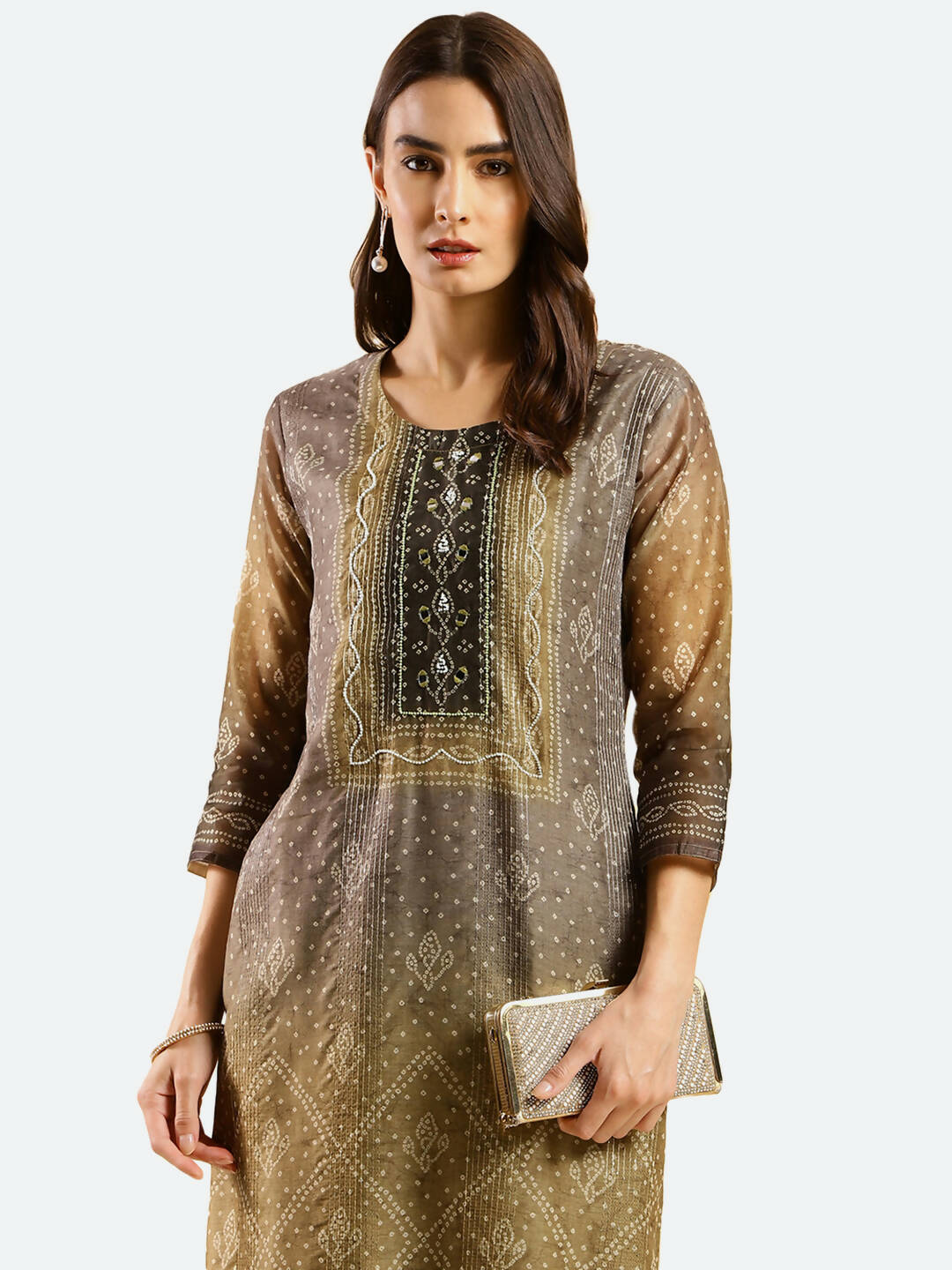 Brown Chinon Digital Printed With Hand Work Kurta - Himanshi