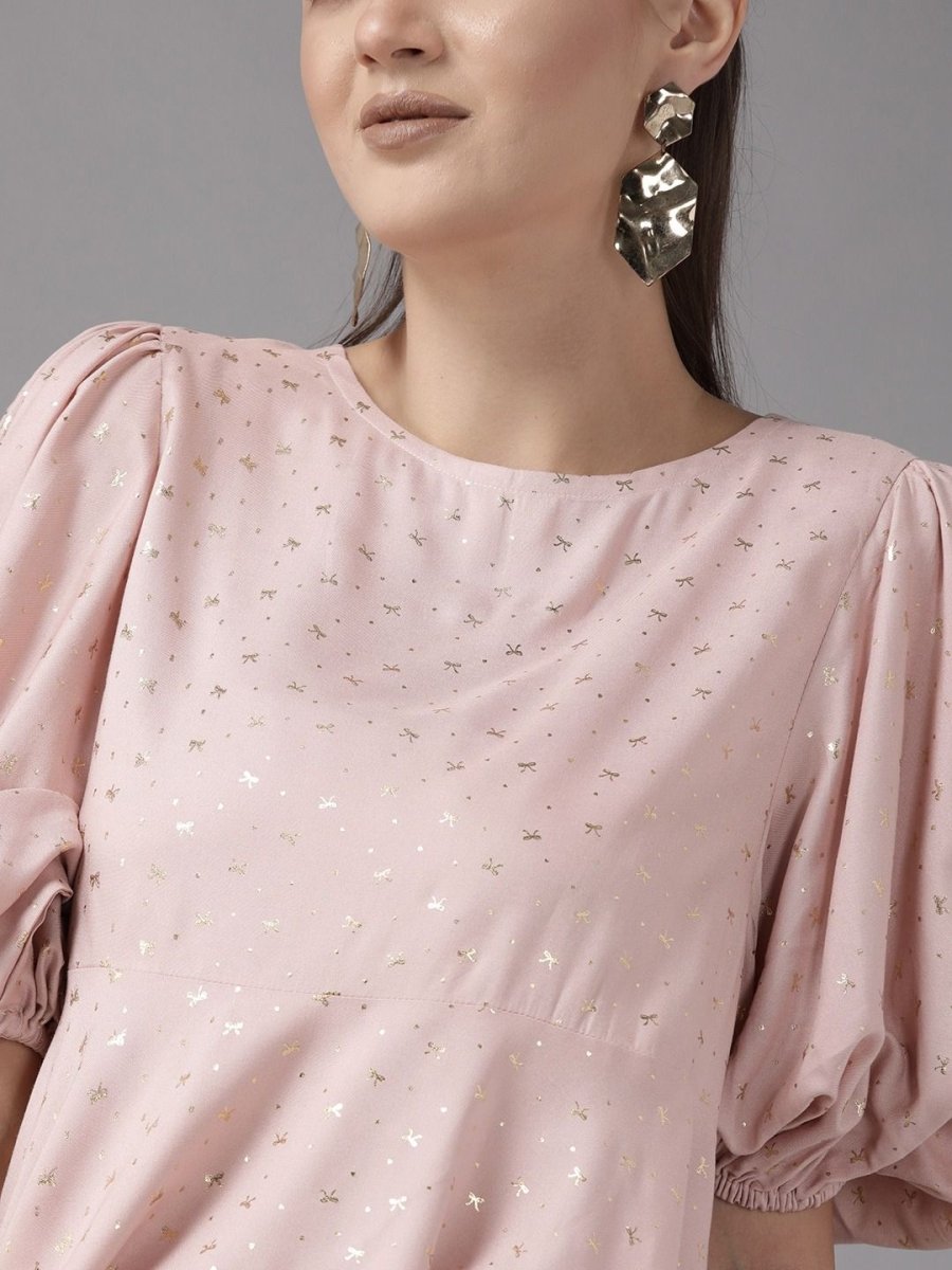 Ahalyaa Women Pink Rayon Gold Foil Print Tunic