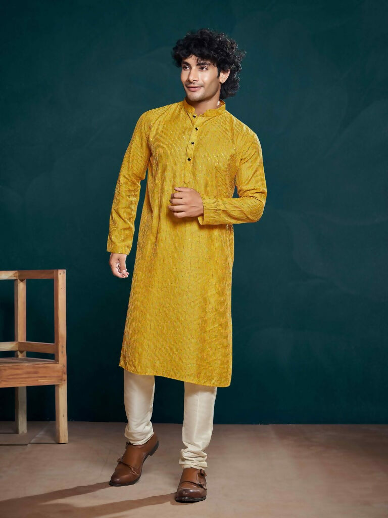 Yellow Viscose Designer Sequance Embroidery Work Men's Kurta Set - Mahotsav