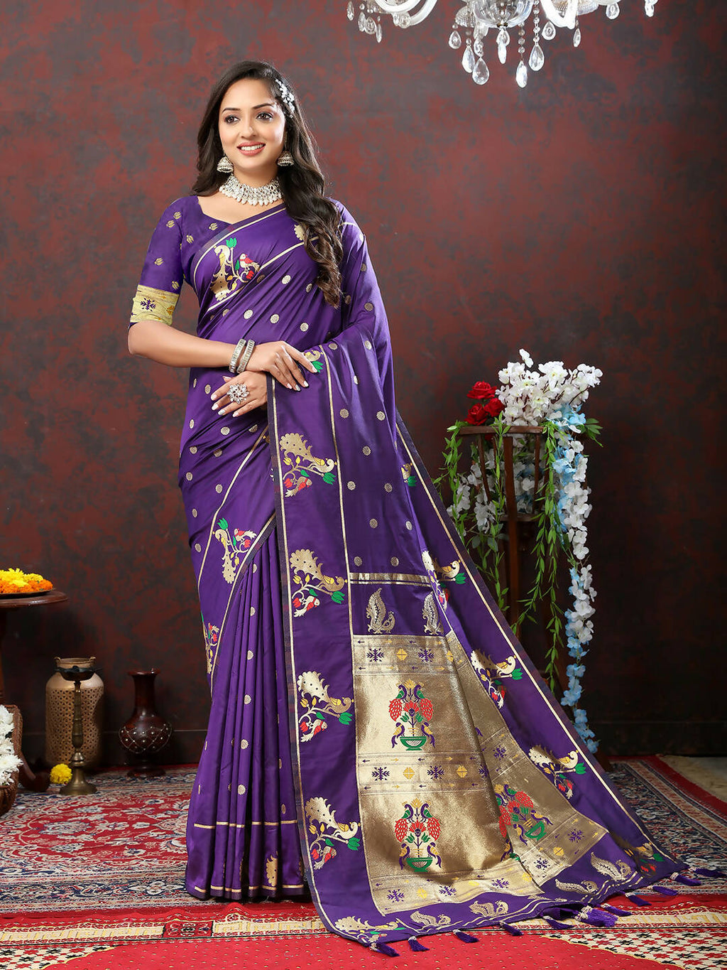 Lorenvalley Fashion Purple Soft Paithani Silk Woven Design Gold Zari Meenakari Weaving Saree