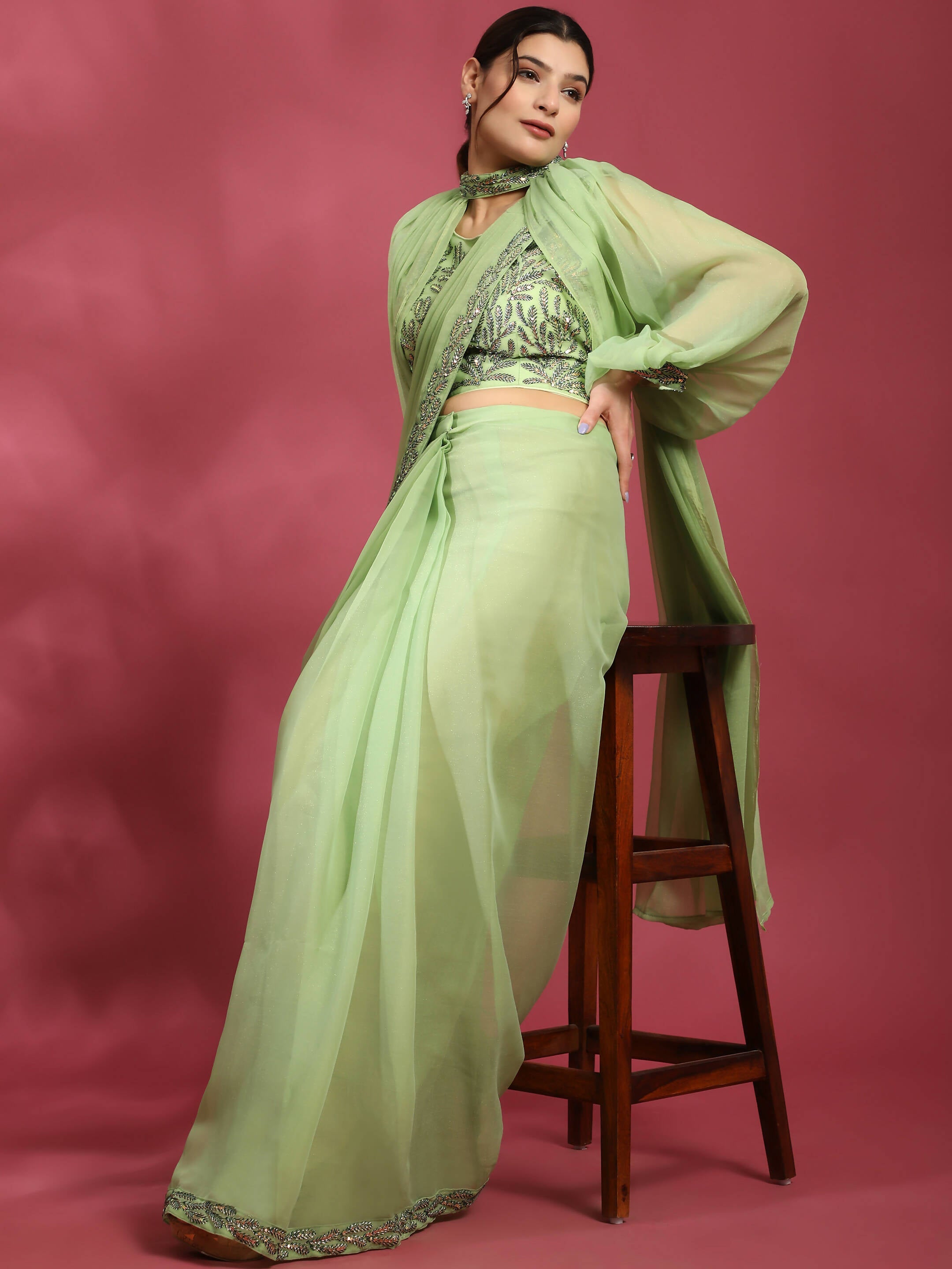 Green Fancy Pure Fabric Plain Ready to wear Saree with stitched Blouse - Vrinda
