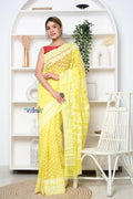 Very Much Indian Jamdhani Cotton Saree With Polka Dot Pallu - Lime Yellow