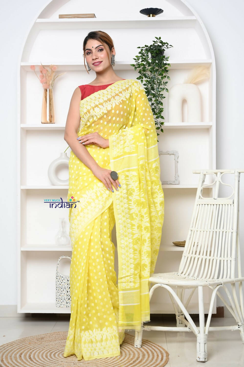 Very Much Indian Jamdhani Cotton Saree With Polka Dot Pallu - Lime Yellow