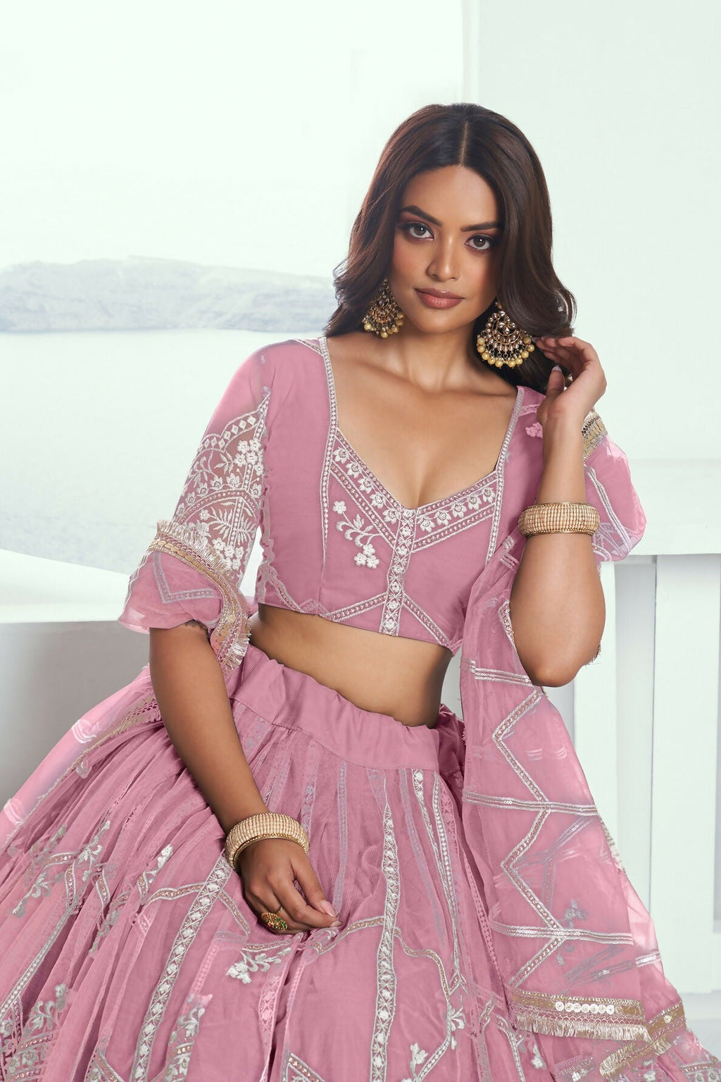 Eilara Glamorous Pink Thread Embroidered Work Net Wedding Lehenga Choli