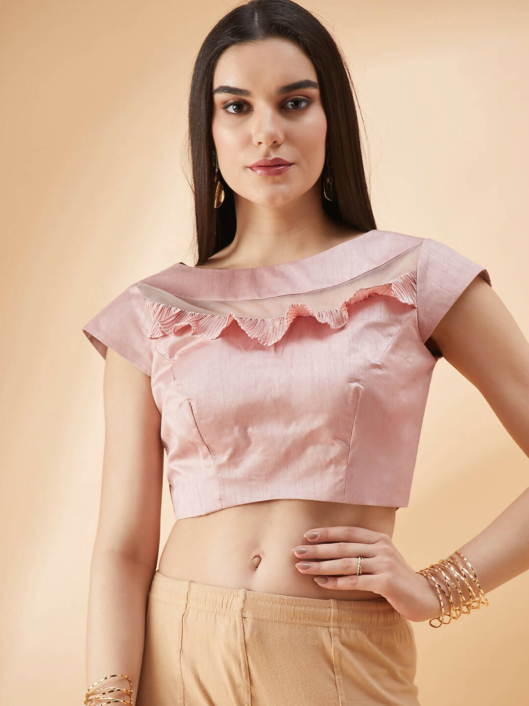 Pink Lycra Frill Details, Hand Embroidered Brooch Saree - Norita Hit Design