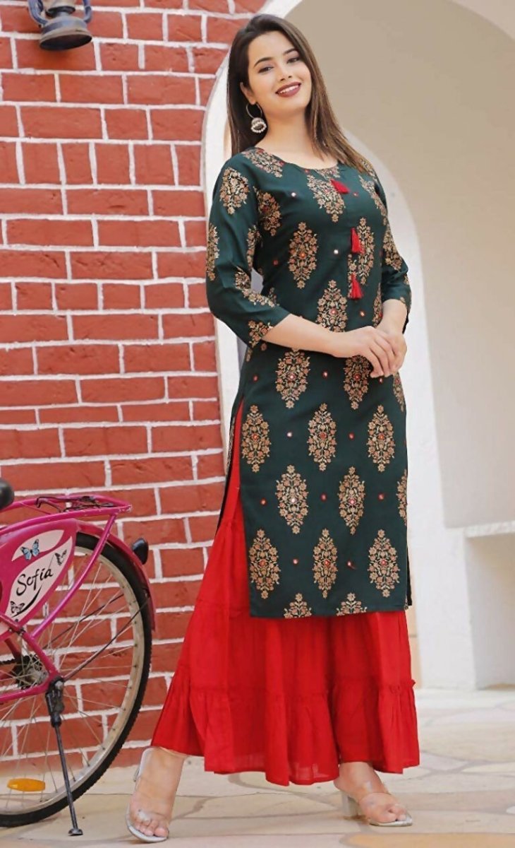 Alvano Printed Kurta With Sharara Set for Women's and Girls Rayon (Green)